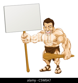 Une illustration d'un dessin animé avec un panneau caveman musculaire Banque D'Images