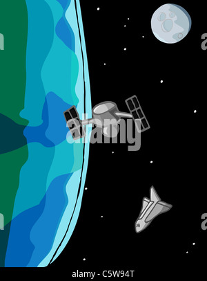 Une navette spatiale se ferme sur un satellite en orbite autour de la Terre avec la lune en arrière-plan. Banque D'Images