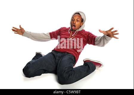 African American hip hop dancer performing isolé sur fond blanc Banque D'Images