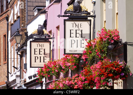 L'anguille 'pie' pub avec fenêtre rempli de fleurs colorées dans les boîtes de la rue de l'Église, Twickenham Middlesex Banque D'Images