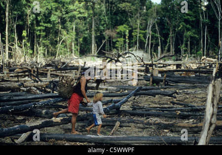 Brésil Amazon, Amazonas, brûlé et déboisées près de rainforest Jurua river, Indio Kulina femme avec enfant le manioc dans leur village Banque D'Images