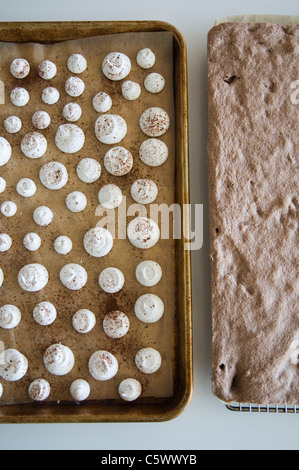 Gâteau éponge avec champignons de meringue pour Buche de Noel cake Banque D'Images