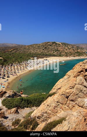 Plage de Vai, célèbre pour sa palmeraie, à proximité de la ville de Sitia, préfecture de Lassithi, est de la Crète, Grèce Banque D'Images