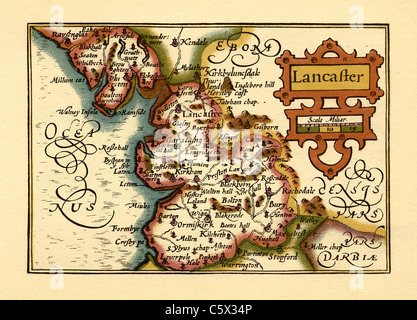 Lancashire (Lancaster) - ancienne carte du comté anglais par John Speed, vers 1625 Banque D'Images