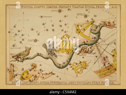 Noctua, Corvus, cratère, Sextans Uraniae, Hydra, Felis, lupus, Centaurus, Antlia Pneumatica, Argo Navis, Pyxis Nautica Star Chart Banque D'Images