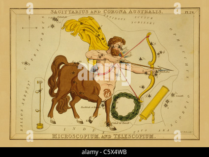 Sagittaire et Corona australis, Microscopium Telescopium - 1825, et tableau astronomique Banque D'Images