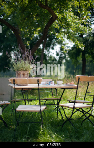 Allemagne, Hambourg, des chaises et une table vide dans le jardin Banque D'Images