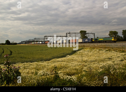 Un Freightliner classe Intermodal 66 Comberford locomotive passe, Tamworth avec un train intermodal. 13 Juillet 2011 Banque D'Images