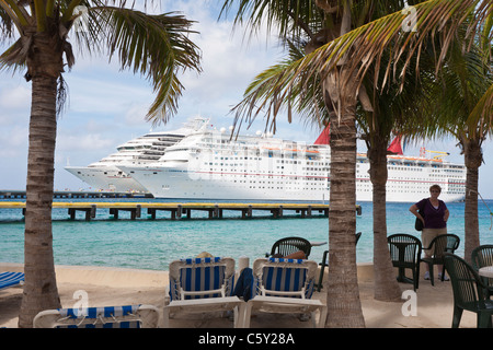 Les navires de croisière Carnival Triumph et de l'Ecstasy au quai sont visibles au travers des palmiers au port de Cozumel au Mexique dans les Caraïbes Banque D'Images