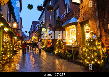 Rue du petit-Champlain décorations de Noël nuit Québec Canada // QUÉBEC, Canada — la rue commerçante pittoresque de la rue du petit-Champlain dans la vieille ville de Québec, magnifiquement décorée pour Noël la nuit. La rue historique, bordée de lumières festives et de décorations, offre une atmosphère de vacances magique pendant la saison hivernale. Banque D'Images