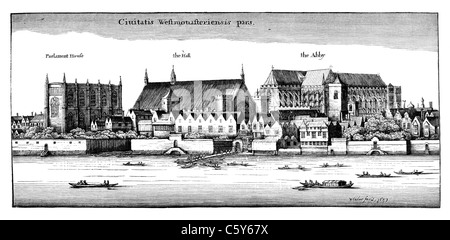 Westminster à l'époque de Charles I ; La Maison du Parlement ; la salle et Wesminster Abbey ; noir et blanc Illustration ; Banque D'Images