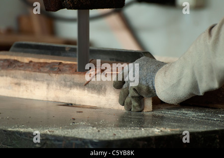 Le travail du bois employé d'usine qui coupe sur machine circulaire Banque D'Images