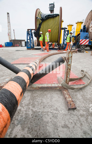 Câblage électrique en mer d'être chargés à bord d'un navire de pose de câbles spécialisés pour l'éolien offshore Walney. Banque D'Images