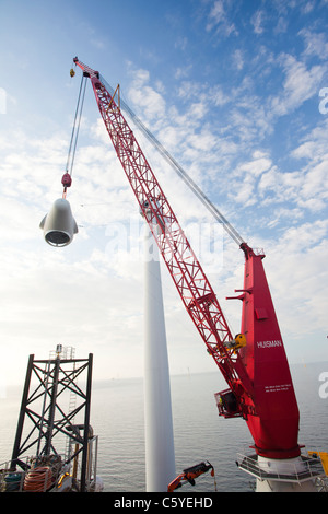 Un cône d'être soulevés en place sur une éolienne au large de la barge à l'aide d'un cric, Kraken, sur l'éolien offshore Walney. Banque D'Images