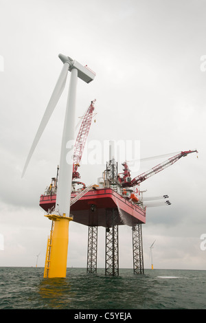 Le cric l'barge, Kraken étant utilisés pour construire des éoliennes pour l'éolien offshore Walney, Cumbria, UK. Banque D'Images