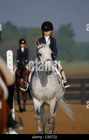 Un jeune cavalier et son cheval en compétition sur la télévision dans un spectacle équestre. Banque D'Images