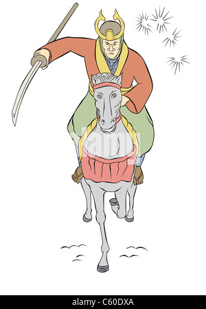 Illustration d'un guerrier Samouraï avec katana Épée cheval de charge attaque vue de l'avant dans le style de w japonais Banque D'Images