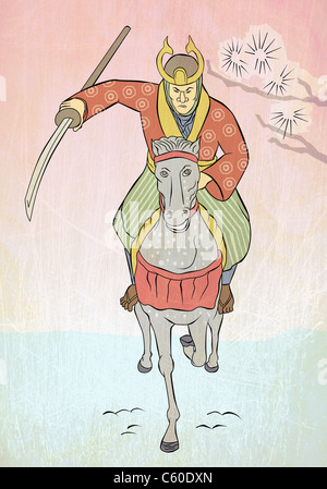 Illustration d'un guerrier Samouraï avec katana Épée cheval de charge attaque vue de l'avant dans le style de w japonais Banque D'Images