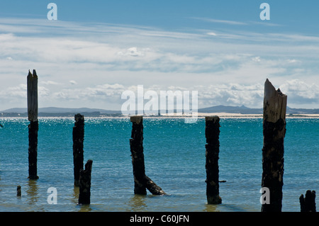 Beau mouillage pourri sur une plage où seuls les piliers sont laissés de côté à une journée ensoleillée Banque D'Images