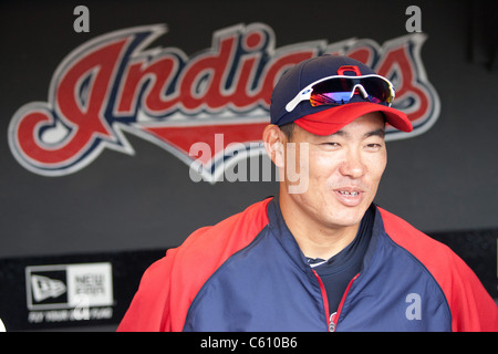 Japanese Baseball Star : Kosuke Fukudome (Indiens) avant le match contre les Royals de Kansas City. Banque D'Images