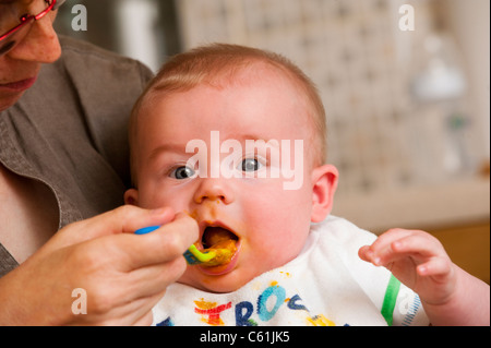 Cinq mois d'être nourris cuillère bébé garçon Banque D'Images