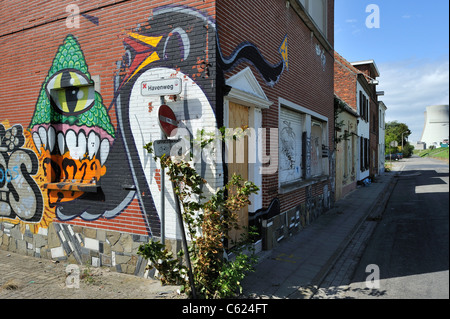 Le village de polder flamand désolé Doel le long du port d'Anvers avec des maisons abandonnées couvertes de graffitis par des squatters, Belgique Banque D'Images