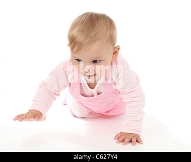 Cute baby girl crawling on white Banque D'Images