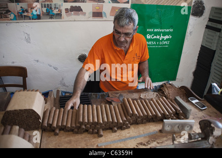L'intérieur de l'homme produisant du tabac Cigares fabrication el sitio, Brena Alta, la palma, Canary Islands, Spain, Europe Banque D'Images