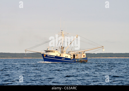 Coque bleu bateau de pêche La pêche au large du cap Cod avec outirggers prolongée sur un jour de tempête. USA Banque D'Images