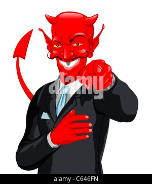 Un homme d'affaires diaboliques dans un costume faisant le point sur le doigt classique viewer Banque D'Images