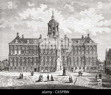 Le Palais Royal, la Place Dam, Amsterdam, Pays-Bas au 19e siècle. Banque D'Images