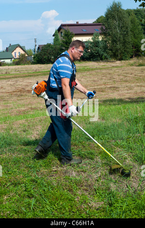 L'homme de la tonte de l'herbe avec une faux flue Banque D'Images