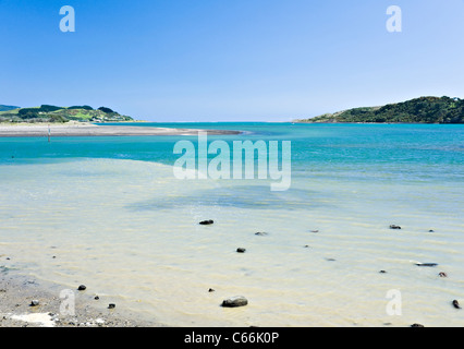 La magnifique mer de Tasman turquoise et plages de sable doré de Manu Bay Waikato Raglan vers Île du Nord Nouvelle-Zélande NZ Banque D'Images