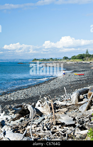 La plage de sable noir et de pierres à Waitara en regardant vers les falaises blanches de la mer de Tasmanie de la région de Taranaki en Nouvelle-Zélande NZ Banque D'Images