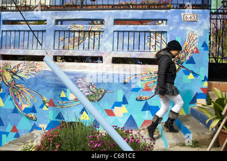 Femme de monter les escaliers avec une route typique de Cerro Conception à Valparaiso, Chili Banque D'Images