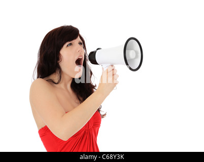 Young woman shouting par mégaphone. Le tout sur fond blanc. Banque D'Images