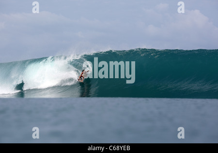 Surf équitation une vague parfaite quelque part à Sumatra, en Indonésie. Banque D'Images