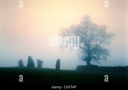 Les quatre autres de l'âge du Bronze in situ des menhirs de neuf pierres Fermer. Woolsthorpe Moor près de Birchover, Derbyshire, Royaume-Uni. L'hiver Banque D'Images