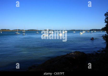 Vue sur le Golfe du Morbihan et Ile aux moines de l'Ile de Berder, Larmor-Baden, Morbihan, Bretagne, France Banque D'Images