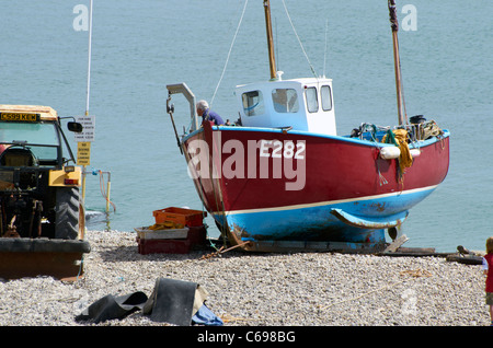 La plage à Beer, Devon, Angleterre avec des bateaux de pêche, des casiers à crabe et d'autres équipements. Certains bateaux offrent des excursions de pêche du maquereau. Banque D'Images