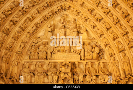 Paris - détail d'un côté portail de la cathédrale Notre-Dame dans la nuit Banque D'Images