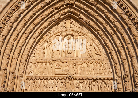 Paris - détail d'un côté portail de la cathédrale Notre Dame de la lumière au coucher du soleil Banque D'Images