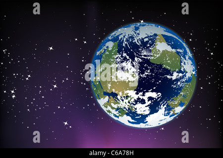 La planète bleue sur la terre ciel de nuit décorée par des millions d'étoiles Banque D'Images