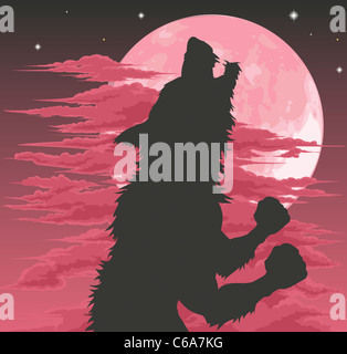 D'une terrifiante silhouette de loup-garou hurlant à la lune. Illustration de l'Halloween. Banque D'Images