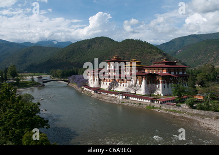 Vue sur le Dzong de Punakha. Bhoutan Banque D'Images