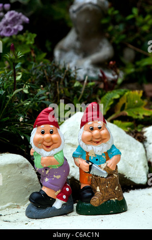 Deux gnomes colorés dans un jardin Banque D'Images