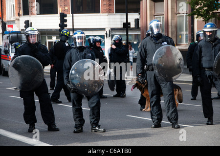 La police anti-émeute, avec casques et boucliers antiémeutes et un chien alsacien sur Mare Street Hackney au cours de l'émeute du 8 août 2011 Banque D'Images