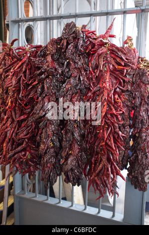 Grappes de piments séchés accroché sur une porte à Borough Market, Southwark, Londres Banque D'Images