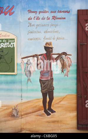 Publicité Restaurant peinture murale représentant les pêcheurs locaux et de la vie à Saint Gilles les Bains Reunion Banque D'Images