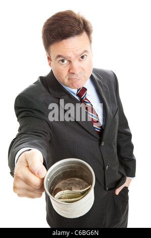 Chômeurs businessman with a tin cup, à la mendicité pour le changement. Isolé sur blanc. Banque D'Images